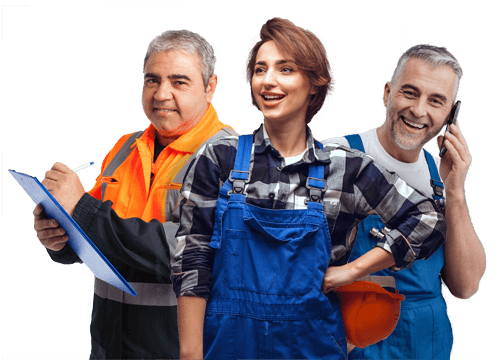 trois professionnels ouvriers mixtes souriants